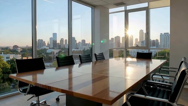 Sunlit corporate conference room with an empty table and chairs overlooking the city skyline at sunrise