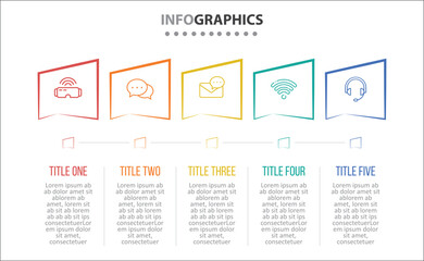 Vector Infographic design with icons. process diagram, flow chart, info graph, Infographics for business concept, presentations banner, workflow layout. 5 options or 5 steps. Horizontal Steps