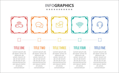 Vector Infographic design with icons. process diagram, flow chart, info graph, Infographics for business concept, presentations banner, workflow layout. 5 options or 5 steps. Horizontal Steps