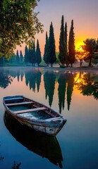 Obraz premium A serene sunrise over a tranquil lake, with tall cypress trees reflected in the calm water, a weathered rowboat resting peacefully on the surface.