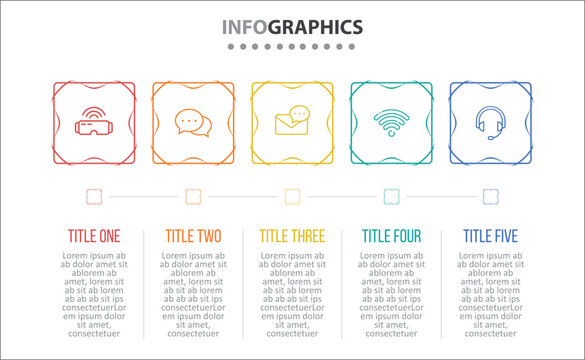 Vector Infographic design with icons. process diagram, flow chart, info graph, Infographics for business concept, presentations banner, workflow layout. 5 options or 5 steps. Horizontal Steps