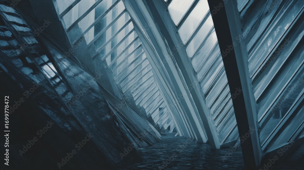 Poster unique architectural design features sharp angles and glass panels in a contemporary structure durin
