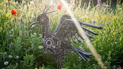 A whimsical metal bird sculpture perched among vibrant wildflowers in a sunlit garden