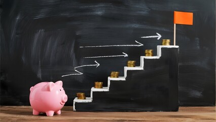 Pink piggy bank beside a staircase with coins and a flag, symbolizing financial growth.