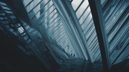 Obraz premium Unique Architectural Design Features Sharp Angles and Glass Panels in a Contemporary Structure During a Cloudy Day