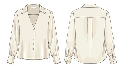 Technical fashion illustration of a women's button-down blouse with long sleeves and a front and back view displayed against a white backdrop