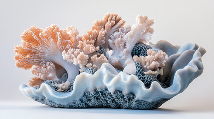 Delicate coral sculpture in a shell resting on a white background
