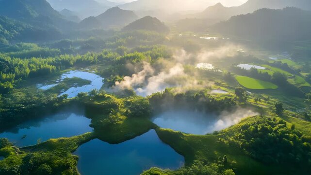 Aerial panorama of Tengchong volcanic landform and hot springs