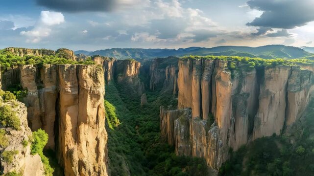 Broad panoramic of desert cliffs in Yardang National Park