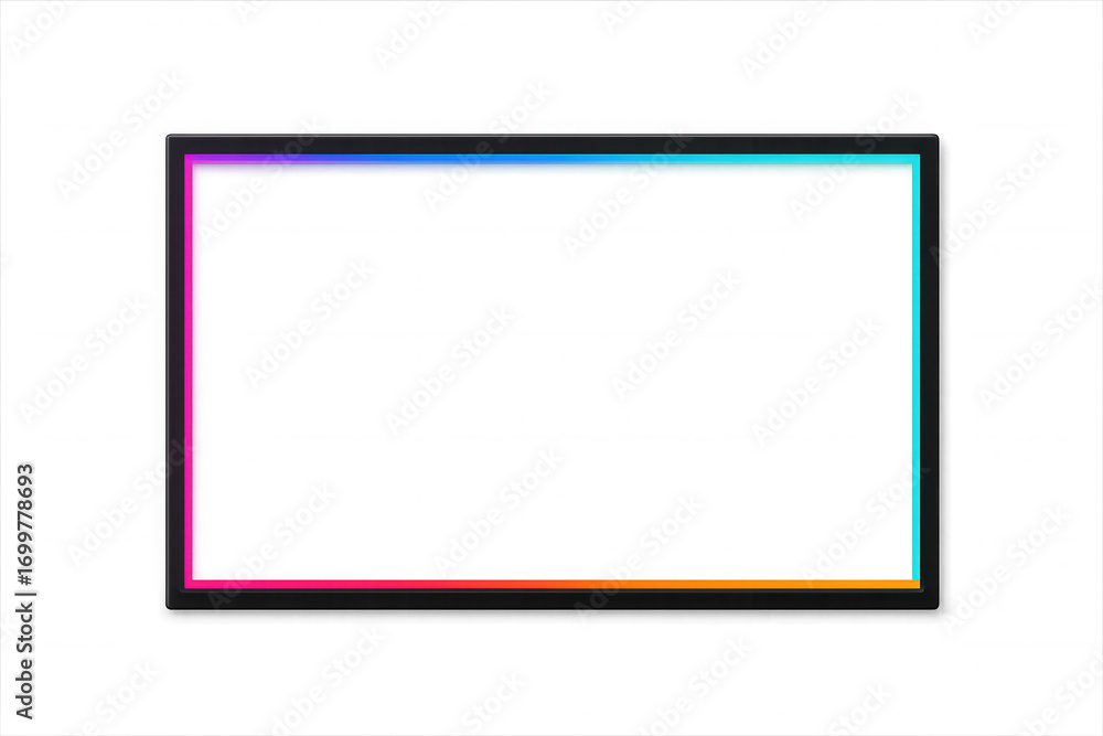 Poster glowing rectangular neon frame illuminating transparent backdrop with pink, blue, orange color gradi