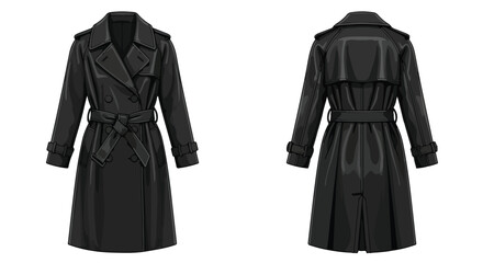 Elegant black trench coat vector illustration with front and back views for fashion designs and catalogs