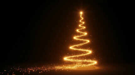 Golden Swirling Christmas Tree Made of Light and Glitter on Dark Background graphic design