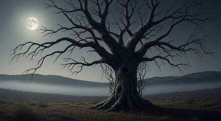 A spooky, gnarled, leafless tree stands alone in a misty field under the light of a full moon.