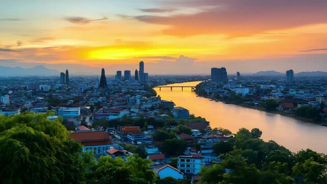 Wide view of Uthai Thani city and Sakae Krang River 