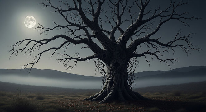 A spooky, gnarled, leafless tree stands alone in a misty field under the light of a full moon.