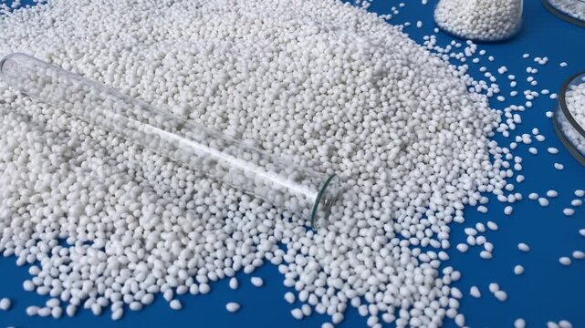 Glass flasks with white thermoplastic granules and petri dish for chemical experiments against the background of other laboratory glassware. Plastic raw granules materials for industry.