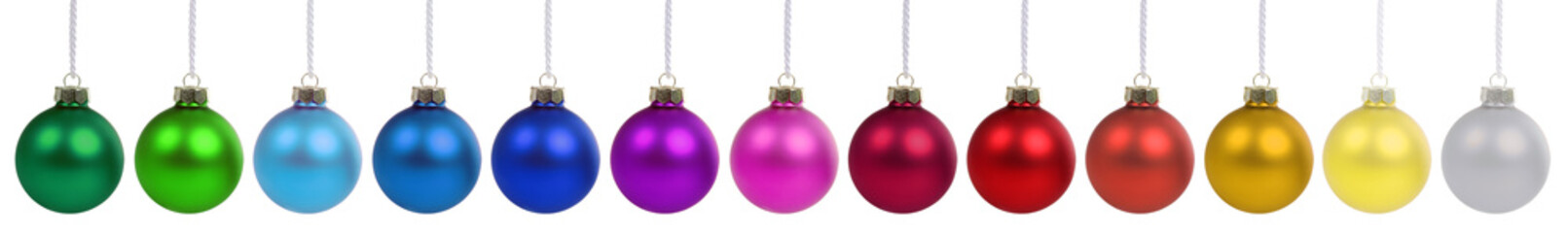 Fototapeta premium Christmas balls decoration colorful in a row isolated on white