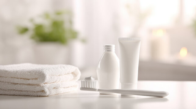 Bathroom essentials arranged on a bright, clean surface.