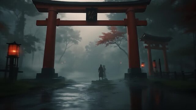 Atmospheric anime-style scene of a samurai standing under a red torii gate in a misty forest. Cinematic Japanese atmosphere with rain reflections, lanterns, and traditional culture.