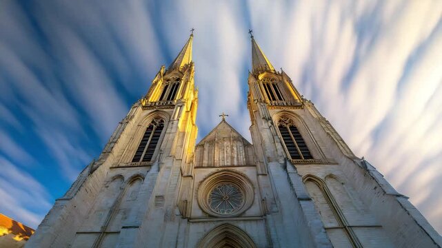 Wide-angle capture of the Chartres Cathedral spires under a blue sky 