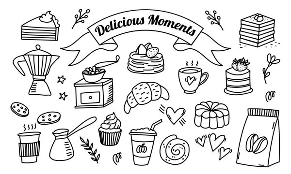 Hand drawn coffee and bakery doodle set with sweets