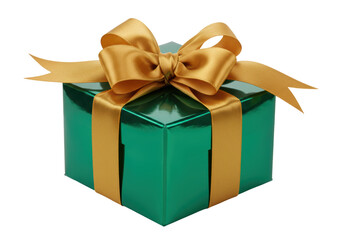 Isolated green gift box tied with a beautiful gold satin ribbon holiday surprise