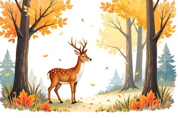 Deer Standing in Vibrant Autumn Forest with Falling Leaves, Wildlife in Fall Scenery