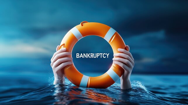 Hands Holding a Lifebuoy with the Word Bankruptcy Over Water Signifying Financial Struggles and Seeking Assistance - Powered by Adobe
