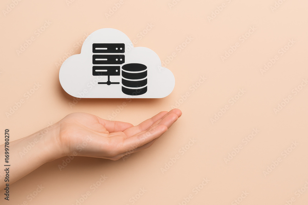 Aufkleber cloud data storage technology hand server database icon concept beige background digital computing n
