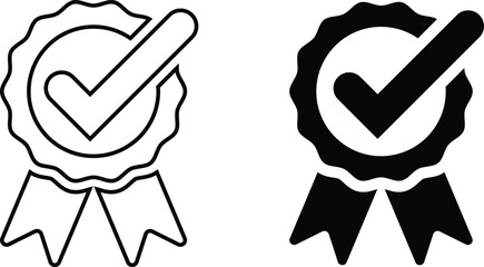 Vector Icon Set of Approved Quality and Guarantee Badges. Checkmark on Rosette and Ribbons in Black and White