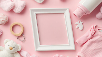 Baby girl announcement pink background picture frame adorable clothes toys