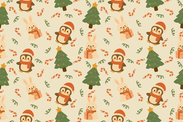 Cute Christmas seamless pattern featuring penguins in scarves, bunnies with gifts, candy canes, and decorated Christmas trees. Perfect for holiday wrapping and festive design.