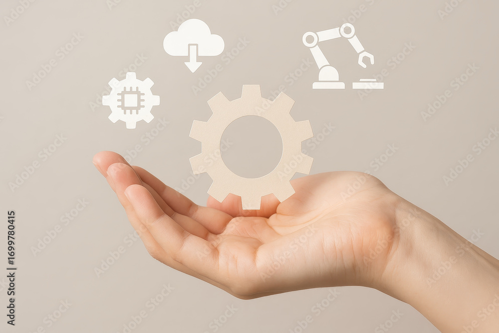 Aufkleber hand gear automation cloud and robotic arm icons symbolize technology innovation and digital transfo