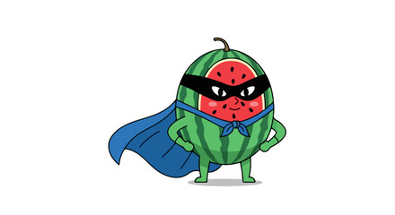 Adorable cartoon watermelon hero in a blue cape and mask, posing powerfully. A funny and healthy fruit character illustration isolated on a white background
