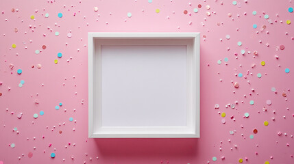 White frame on pink background with colorful confetti