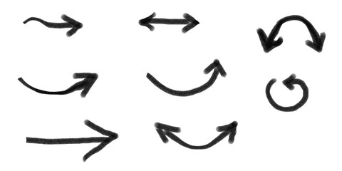 Hand-drawn black arrows set with curved, straight, and circular marker strokes on transparent background PNG