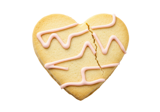 Isolated broken heart cookie with pink frosting, symbolizes fractured relationships