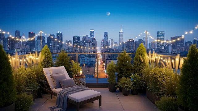 Cozy rooftop terrace with lounge chair and city skyline at dusk, illuminated by string lights