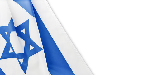 Israel flag. Independence Day of Israel. National Israel flag with star of David over white background clipping path. Element for design. Close up. National flag with place for text.
