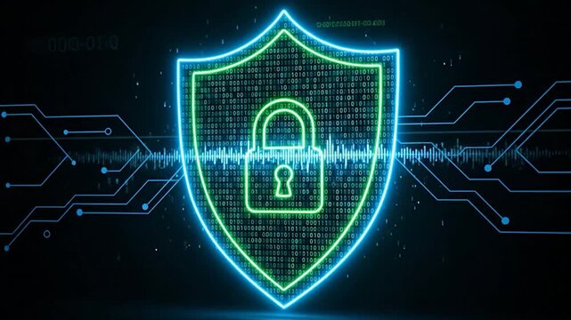 Digital security shield with padlock and binary code