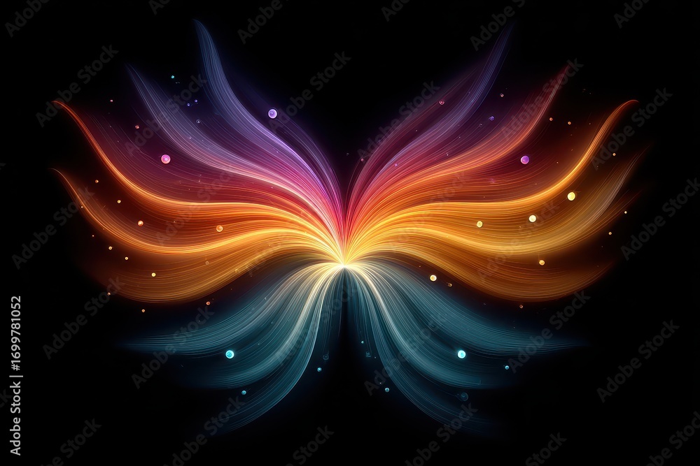 Poster colorful abstract butterfly wings with flowing patterns and light effects on a dark background