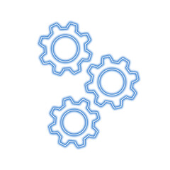 Three glowing gears rotating together represent teamwork, progress, and mechanical processes