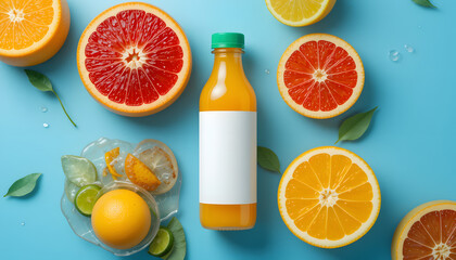 Vibrant citrus fruits surround a refreshing orange juice bottle, perfect for healthy lifestyle branding and advertising.