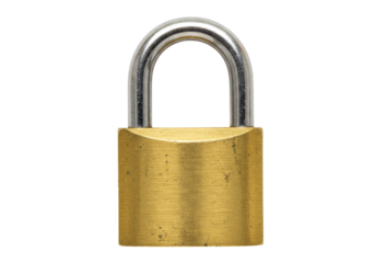 Isolated brass padlock for security, safety, protection, access, confidential, restriction