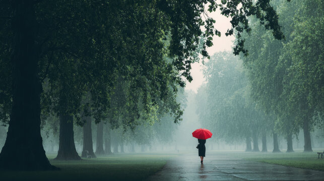 A person with a red umbrella walks in a park on a rainy day. Captured on a misty, drizzly day, a solitary figure strolls beneath a vibrant red umbrella,