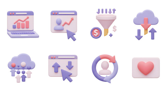 Set of 3D minimalist icons for business analytics, representing digital marketing, sales funnels, and customer data management