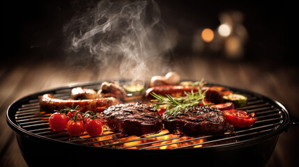 Grilling a delicious summer barbecue. A close-up shot of a barbecue grill with meat and vegetables cooking, creating a cozy and delightful atmosphere.