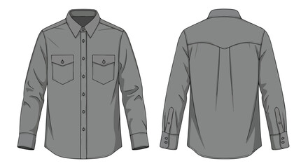 Technical illustration of a gray long-sleeved shirt showcasing the front and back details, suitable for fashion design and product visualization