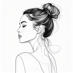 Fototapeta premium Stylish line drawing of a woman with a high bun, graceful neck posture, elegant side profile, serene expression, minimalist black lines on white background