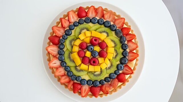 Colorful fruit tart with strawberries, blueberries, kiwi, and mango arranged in a circular pattern